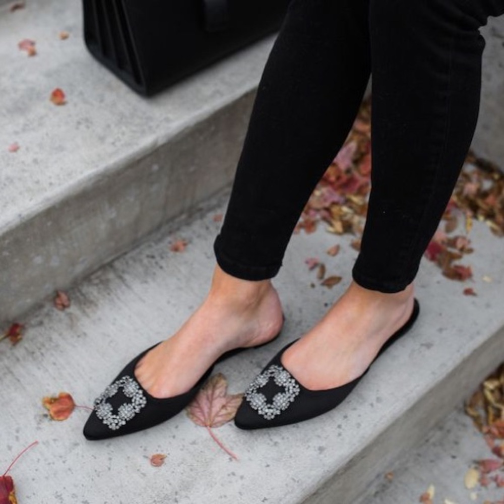 Manolo Blahnik Hangisi Black Satin Mule Flat